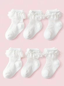 3 pares/paquete Calcetines estilo princesa encaje blanco malla transpirable con con patrón floral para uso diario