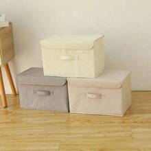 1pc Foldable Linen CD Storage Box, Collapsible Storage Bin With Lid, Toy Organizer Basket, Laundry Hamper - White - View 3