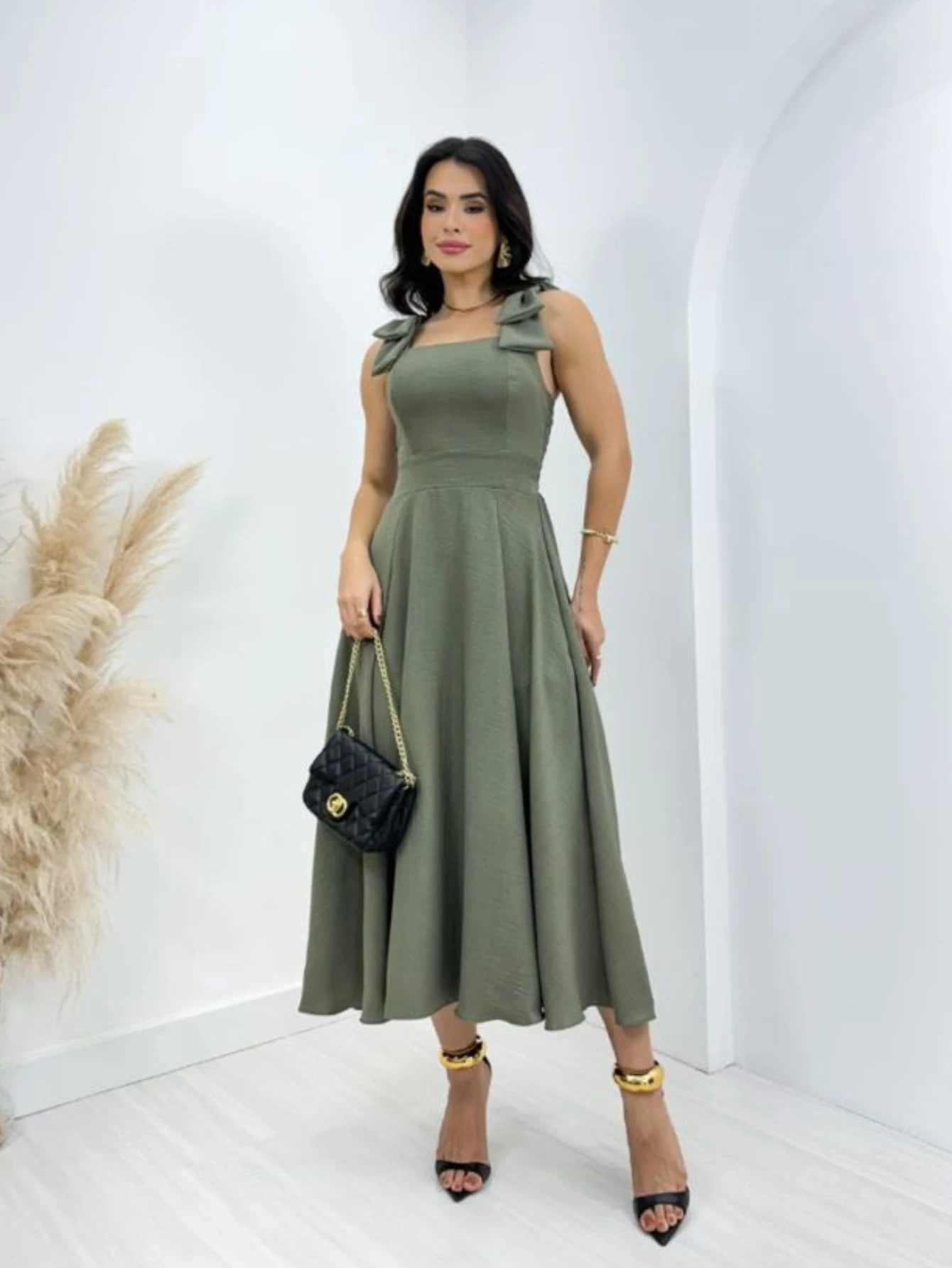 Lace Midi Dress With Elastic Back Elegant Look - 橄欖綠 - 查看 1