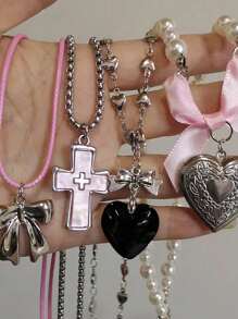 1 件哥特式可爱 Y2k 美学蝴蝶结吊坠串珠项链女孩女士项链酷炫配饰 - 彩色 - 查看 2