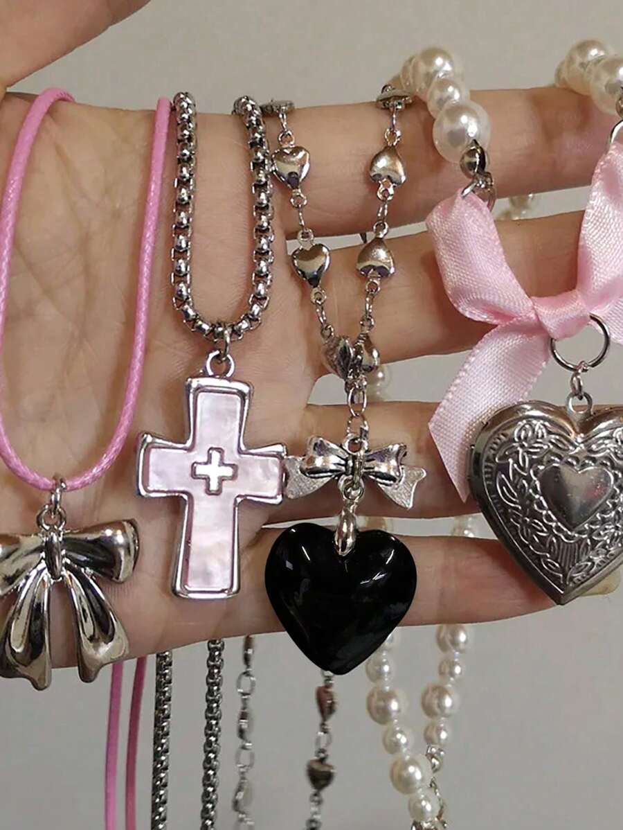 1 件哥特式可爱 Y2k 美学蝴蝶结吊坠串珠项链女孩女士项链酷炫配饰