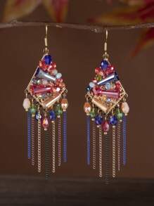 1 对手工制作的波西米亚复古玻璃串珠流苏耳环 - 彩色的 - 查看 1