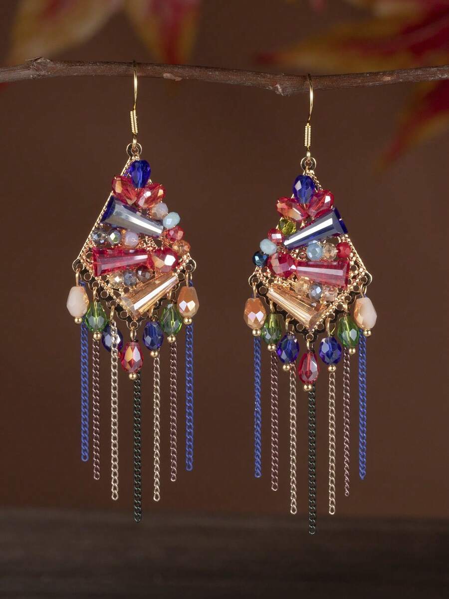 1 对手工制作的波西米亚复古玻璃串珠流苏耳环 - 彩色的 - 查看 1