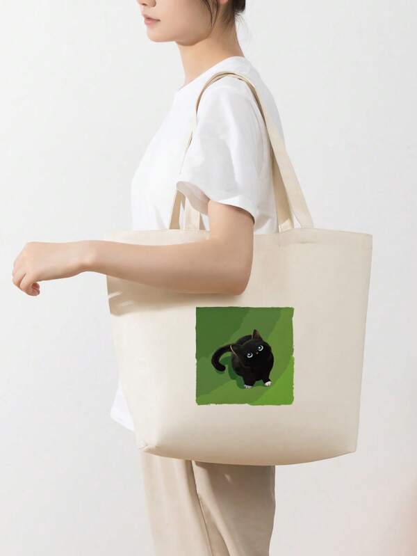 1pc Portable High-Capacity Canvas Tote Bag, Solid Beige, Suitable For Girls, Middle/High School/College Students For School, Commuting, Holiday; Suitable For White Collar, Office Workers For Work, Commute, Business, Travel Vacation