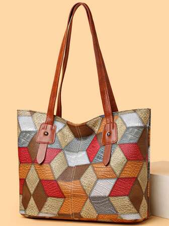 Women Contrast Color Stitching Plaid Pu Shoulder Tote Bag
