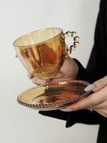 1入組裝飾有珠飾手柄復古玻璃咖啡杯碟套裝，適用於家居下午茶，奶茶或咖啡