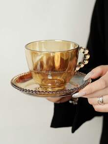 1入組裝飾有珠飾手柄復古玻璃咖啡杯碟套裝，適用於家居下午茶，奶茶或咖啡