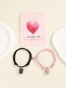 ATLVXJL 2件套夜光情侣手链，可爱猫咪和爱心吊坠，黑暗中会发光，万圣节和情人节礼物，情侣礼物 - 彩色 - 查看 2