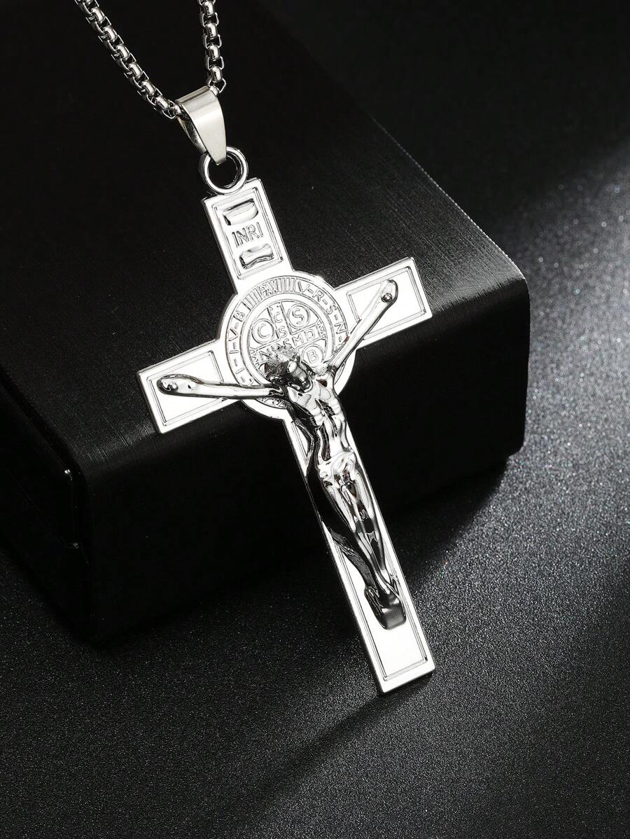 1 件不锈钢项链，朋克嘻哈祈祷项链，钢色创意信仰珠宝，欧美新款时尚钛钢吊坠配饰，长款毛衣链，男女家庭节日生日礼物，日常佩戴 - 復古銀色 - 查看 1