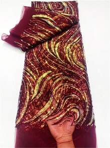 非洲蕾丝面料 2024 高品质蓝色法国网状亮片面料缝纫刺绣蕾丝薄纱尼日利亚蕾丝面料 1 码 - 酒紅色 - 查看 1