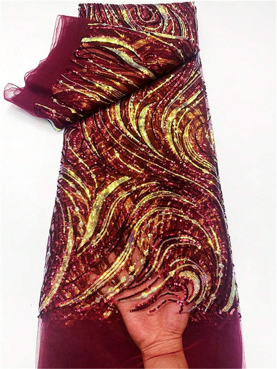 非洲蕾丝面料 2024 高品质蓝色法国网状亮片面料缝纫刺绣蕾丝薄纱尼日利亚蕾丝面料 1 码 - 酒紅色 - 查看 1