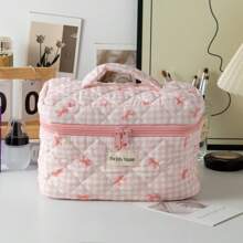 1pc Large Capacity Polyester Polka Dot Bow Makeup Bag, Quilted Cosmetic Bag For Daily Use, Travel, Sweet Student Design, Soft Handheld Toiletry Bag - Pink - View 11