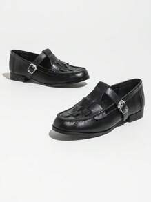 Vintage Style Deep-Cut Leather Shoes For Women, Spring New Arrival Strap Buckle Woven Low-Heel Loafer Mary Jane Shoes - Black - View 2