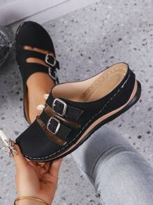 时尚舒适百搭软底一脚蹬坡跟凉鞋，适合户外穿着，女士厚底包头鞋 - 黑色 - 查看 2