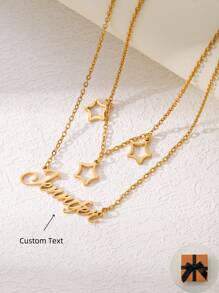 1 件定制不锈钢单名字字母吊坠项链，带 3 个空心星设计，适合节日礼物或日常佩戴 - 金色 - 金色 - 查看 2