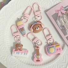 5 piezas Llaveros de osito musical rosa, lindos regalos con colgantes de bolso de dibujos animados para amigos, accesorios para coche, encantos para mochilas escolares