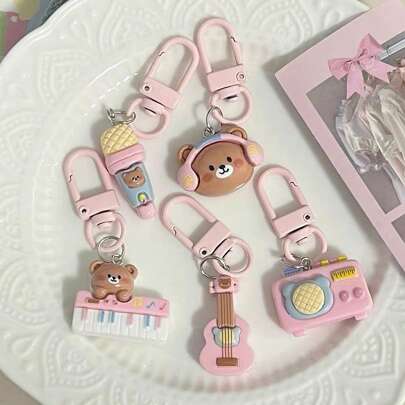 5 件粉色音乐熊钥匙扣可爱卡通包包吊坠礼物送给朋友汽车配件包包挂饰背包学校哥特 Y2k 包挂绳带身份证夹汽车配件包包挂饰