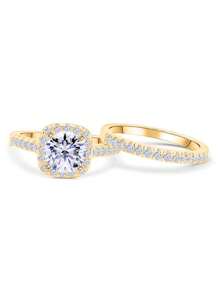 1 件奢华金色方晶锆石女士戒指套装和 1 件不锈钢男士戒指，情侣戒指，结婚珠宝礼物 - 金色 - 查看 7