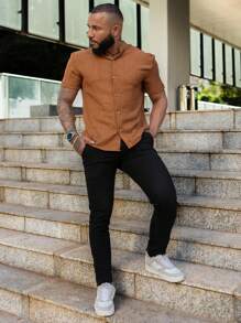 Men's Shirt Priest Collar - 鏽棕色 - 查看 6