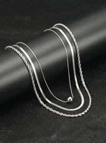 1pc-3pcs Stainless Steel Blade, Flat Snake Chain, Twist Chain, Ball Pendant Necklace Set For Women - Stainless Steel Chain Necklace - View 2