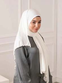 1 件女士休闲纯色莫代尔柔软边缘装饰阿拉伯风格长围巾，适合日常使用 - 白色 - 查看 9