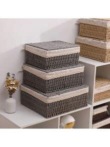 1 Pezzo Scatola da tavolo per il Contenimento, Scatola portaoggetti intrecciata in rattan di carta, Cesto di Stoccaggio con Coperchio, Cesto per riporre Vari Oggetti, Snack, Prodotti Cosmetici, Cucina, Giocattoli, Cesto Portaoggetti per Cosmetici, Cesto