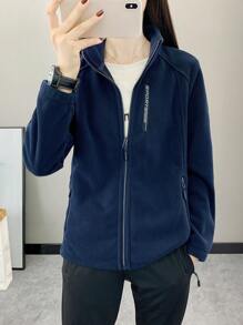 女士户外抓绒外套，保暖透气立领修身羊羔绒拉链连帽衫，适合徒步、运动、冬季穿着、滑雪 - 藏蓝色 - 查看 4