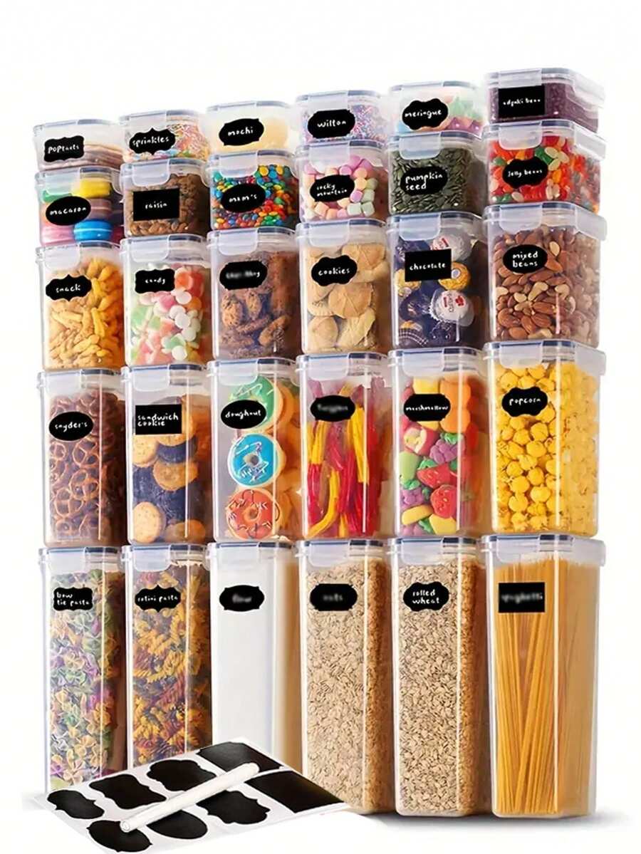 21pcs Food Storage Jars With LIDS And Label Pens,Plastic Kitchen Storage Containers, Food Jars For Flour, Sugar And Grains, Pasta, Tea, Nuts And Coffee Beans, Plastic Food Storage Jars, Household Kitchen Items - 黑與白 - 查看 1