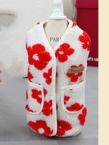 23 chiếc áo khoác lông cừu họa tiết hoa cho thú cưng, áo khoác phong cách Anh cổ điển cho chó, trang phục ấm áp mùa đông cho chó và mèo - Đỏ - Xem 7