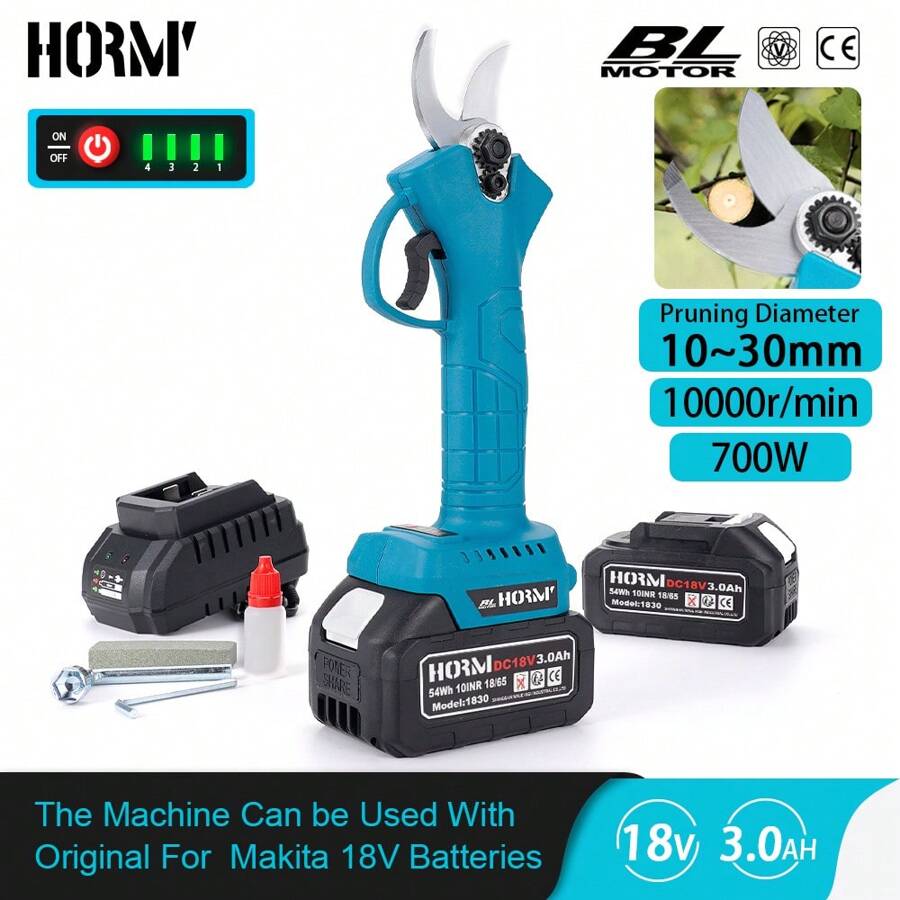 Kéo cắt tỉa chạy điện không chổi than Hormy 18V, Bộ pin kép - Điều chỉnh 4 tốc độ 700W, Lưỡi thép carbon cường độ cao, Kéo làm vườn dùng pin Li-Ion không dây, Gói hàng bao gồm: 1 Thân máy + 2 Pin X 3.0Ah + 1 Bộ sạc nhanh (Tương thích) Với Pin Li-Ion Chính Hãng Makita 18V)