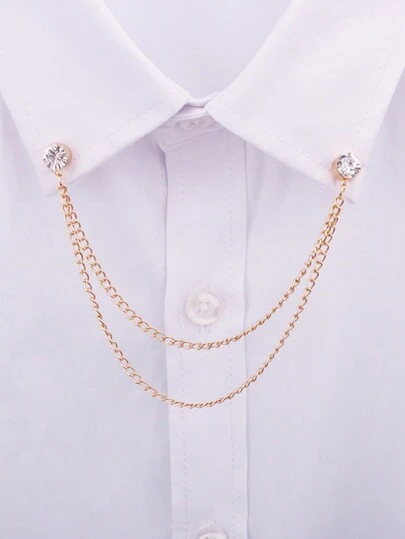1pc Minimalist Rhinestone Decorated Double Layer Chain Shirt Collar Tip For Men