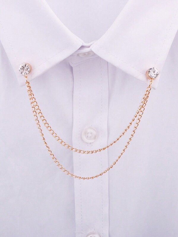 1pc Minimalist Rhinestone Decorated Double Layer Chain Shirt Collar Tip For Men