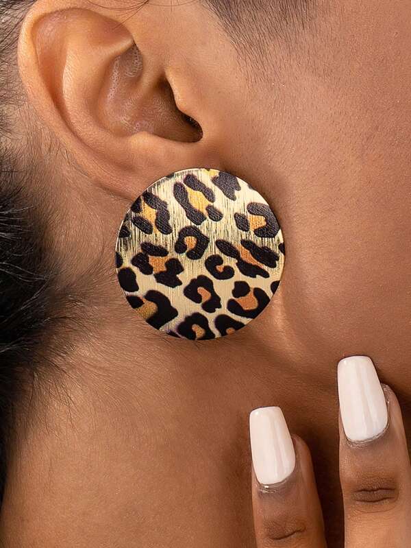 1 Pair Of Geometric Circular Leopard Print Fashionable Women's Commuting Earrings