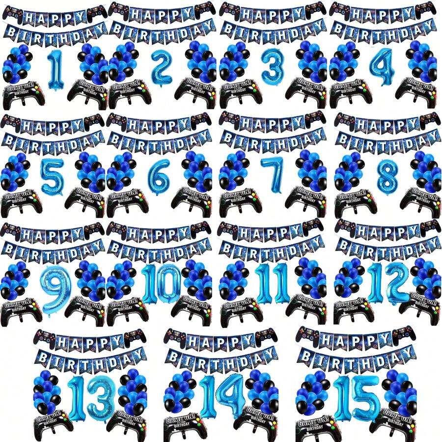 Video Game Controller Themed Birthday Party Decoration Set, Including 1-15 Number Balloons And Pennant Banners - Multicolor - View 1