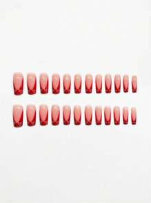 48pcs/Set Square-Shaped Red-Bordered Fench Manicure False Nails & Toenails Set With Heart Design, Making Fingers & Toes More Charming, Suitable For All Ladies. Gel Nail File Included As A Gift. Press On Nails Nail Supplies - Burgundy - View 3