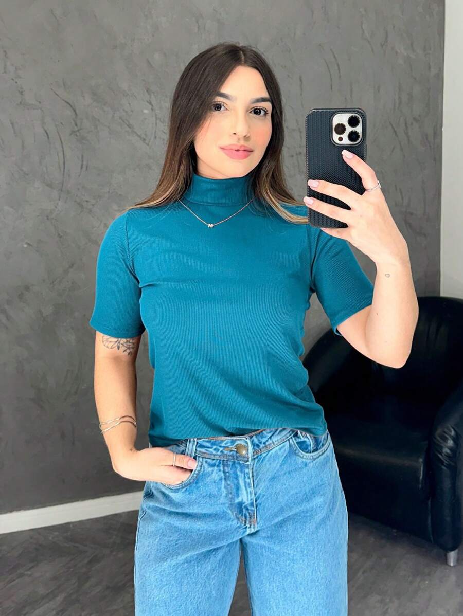 Baby Look High Neck Ribbed Blouse Cacharrel Bottle Blouse.