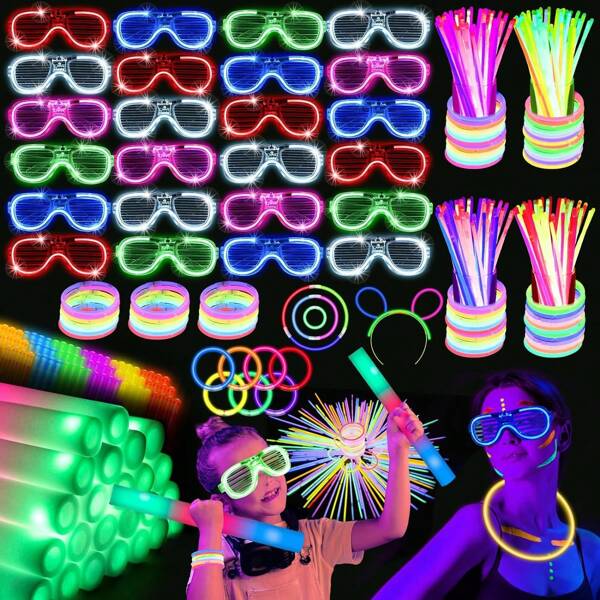 238PCS Glow In The Dark Party Supplies, 16PCS Foam Glow Sticks, 16PCS LED Glasses, 6PCS Bunny Ear Hair Band Holder, 200PCS Glow Sticks Bracelets, Neon Party Favors For Birthday Wedding Christmas, Halloween, Halloween Decoration