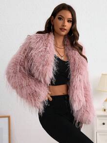 Abrigos De Pelo De Avestruz Similares Para Mujer Con Parte Delantera Abierta,Suave Y Cálido,Abrigo De Felpa Con Diseño De Color Sólido - Rosa - Ver 3