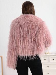 Abrigos De Pelo De Avestruz Similares Para Mujer Con Parte Delantera Abierta,Suave Y Cálido,Abrigo De Felpa Con Diseño De Color Sólido - Rosa - Ver 2