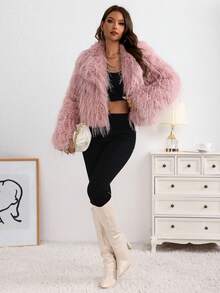 Abrigos De Pelo De Avestruz Similares Para Mujer Con Parte Delantera Abierta,Suave Y Cálido,Abrigo De Felpa Con Diseño De Color Sólido - Rosa - Ver 5