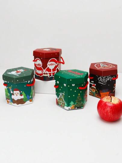 5 Stück/10 Stück kreative Hexagon Weihnachtsgeschenkboxen, Süßigkeitenboxen, Dessert-/Brotboxen, Keksboxen, Weihnachtsabend Apfel Lebensmittelverpackungsboxen, Weihnachtsdekoration