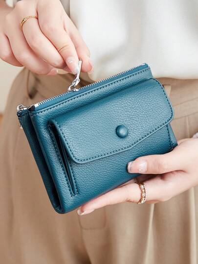 MIYIN 女士柔软PU纯色对折短款钱包，带信用卡槽和身份证窗口，可收纳信用卡/身份证/现金/硬币，纹理翻盖拉链钱包，轻巧便携，简约商务休闲风格，女士生日礼物、母亲节礼物、礼品（蓝色）女士钱包、手拿包、小钱包
