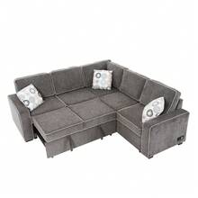 DlandHome 83'' Pull Out Sofa Bed, Linen Sofa Bed With USB Ports, Outlets, Cushions, 5 Seater Sofa Bed, L-Shaped Sofa - 棕色 - 查看 7
