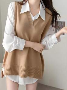 New Arrival Women Casual Simple Elegant Solid Color Sweater Vest For Fall And Winter - Khaki - View 5
