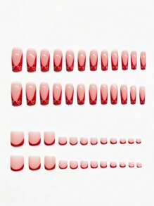 48pcs/Set Square-Shaped Red-Bordered Fench Manicure False Nails & Toenails Set With Heart Design, Making Fingers & Toes More Charming, Suitable For All Ladies. Gel Nail File Included As A Gift. Press On Nails Nail Supplies - Burgundy - View 2