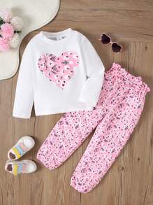 2pcs Young Girl Casual Heart Printed Long Sleeve Top And Pants Set, Autumn - White - View 1