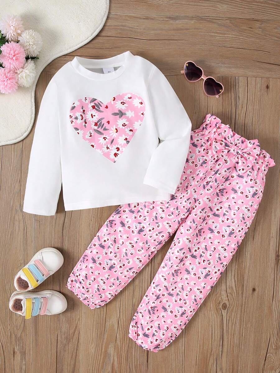 2pcs Young Girl Casual Heart Printed Long Sleeve Top And Pants Set, Autumn - White - View 1