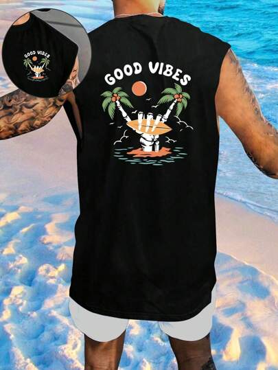 Men's Round Neck Sleeveless Palm Tree & Letter Print Casual Top, Suitable For Vacation