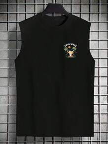 Men's Round Neck Sleeveless Palm Tree & Letter Print Casual Top, Suitable For Vacation - Black - View 3
