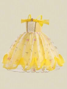 女童网纱蕾丝露肩吊带公主裙，优雅大方，适合派对穿着，不含头饰 - 黃色 - 查看 3